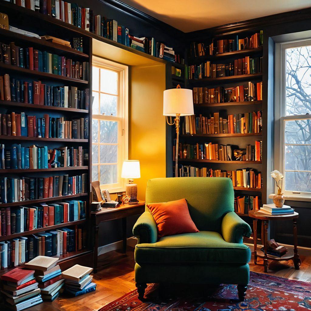 A cozy reading nook filled with overflowing bookshelves, a steaming cup of tea, and a plush armchair bathed in soft, warm light. Scattered around are open books with highlighted passages and colorful bookmarks, evoking a sense of passion for literature. Subtle floating words and story characters swirl around the space, creating an enchanting atmosphere. Imaginary landscapes from classic novels peek from the edges of the shelves, inviting exploration. vibrant colors. warm tones. painting.
