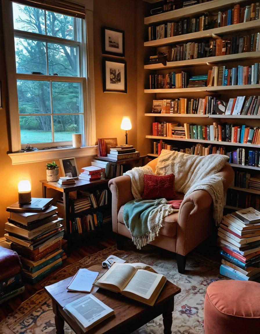 A cozy reading nook with a plush armchair surrounded by stacks of colorful books and digital devices, inviting an atmosphere of community and literary exploration. Soft lighting creates an inviting glow, while a cup of tea sits on a nearby table. Include details like book club meeting notes and vibrant book covers peeking out. super-realistic. warm colors. inviting atmosphere.