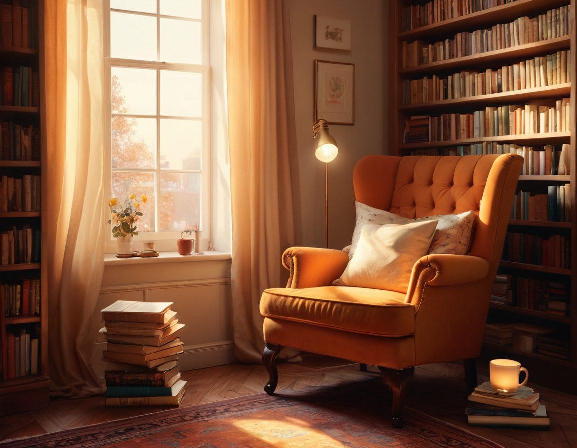A cozy reading nook overflowing with books, featuring a steaming cup of tea, a soft armchair, and a glowing floor lamp. Stunning bookshelves filled with diverse genres, while warm sunlight filters through a nearby window, creating an inviting atmosphere. An open book with pages fluttering in the breeze, hinting at the magic within. vintage aesthetics. warm tones. super-realistic.